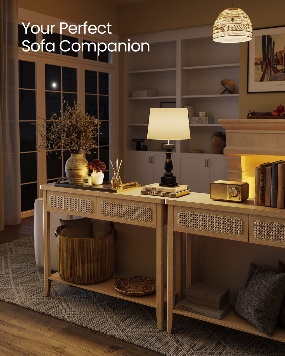 Console Table – Oak – Beige – 2 Drawers with Open Shelf, Rounded Corners, Boho Style
