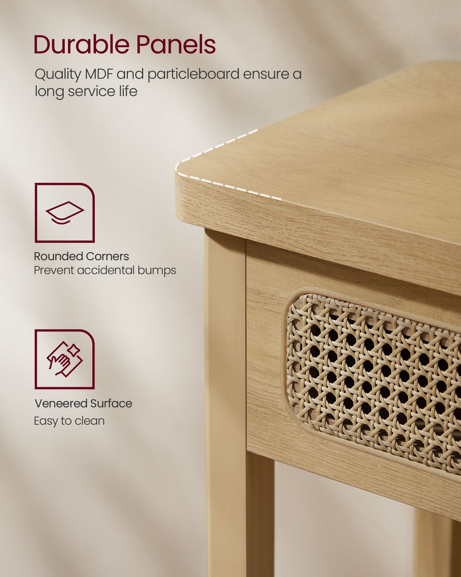Console Table – Oak – Beige – 2 Drawers with Open Shelf, Rounded Corners, Boho Style