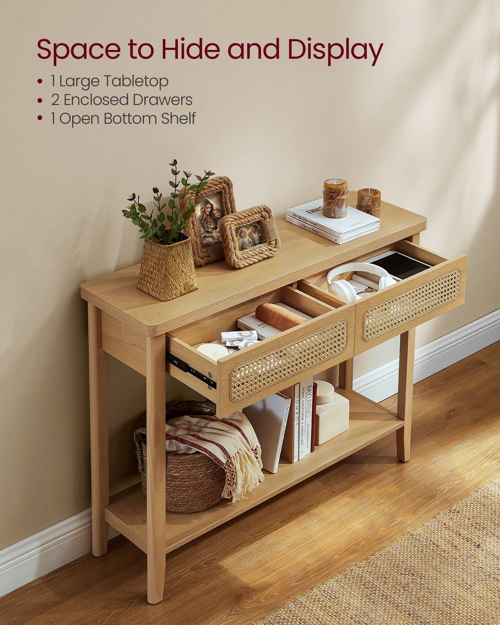 Console Table – Oak – Beige – 2 Drawers with Open Shelf, Rounded Corners, Boho Style