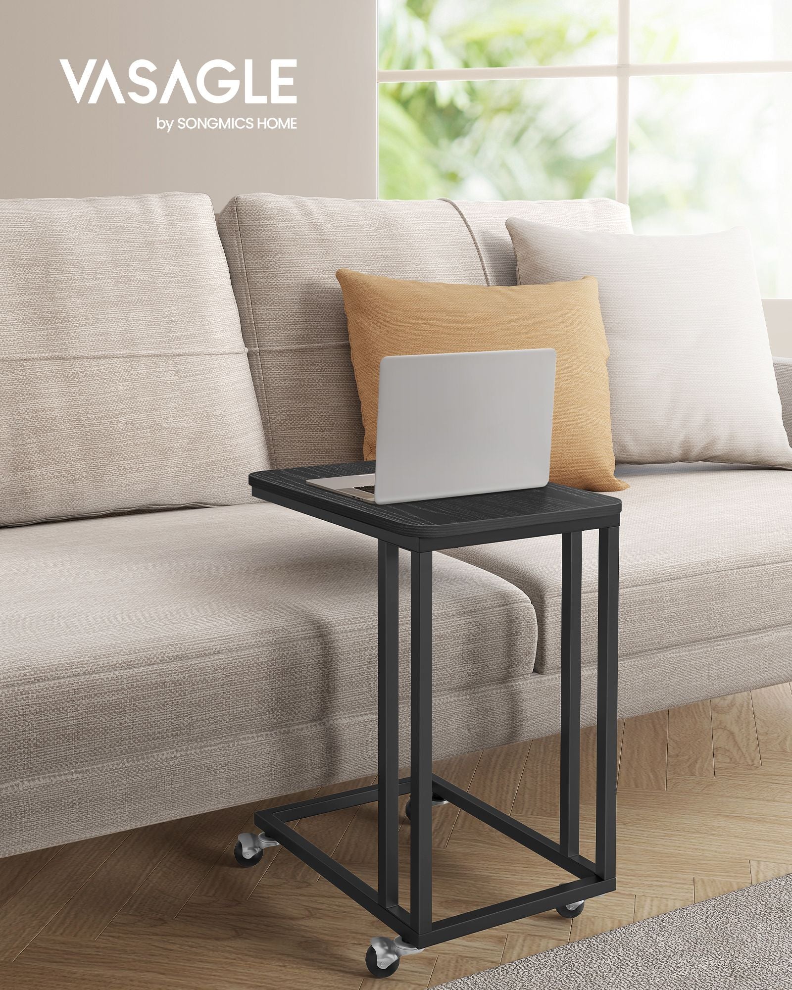 Side Table – Steel Frame – Greige and Black – Mobile Design with Easy Assembly