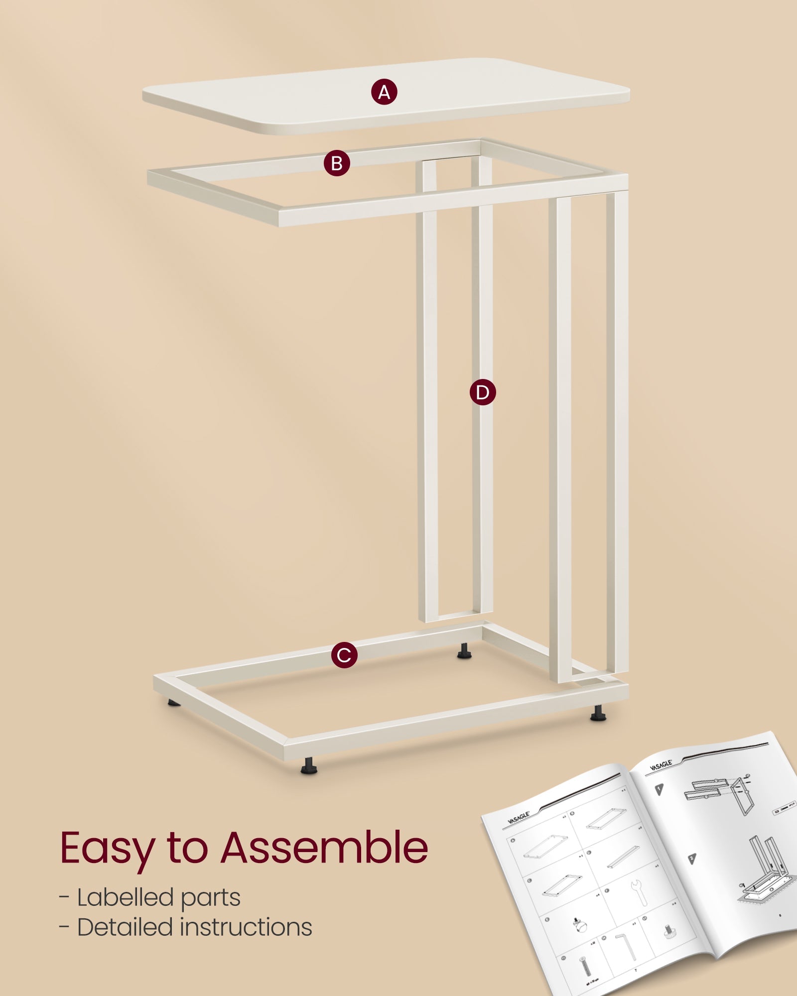 Side Table – Steel Frame – Greige and Black – Mobile Design with Easy Assembly