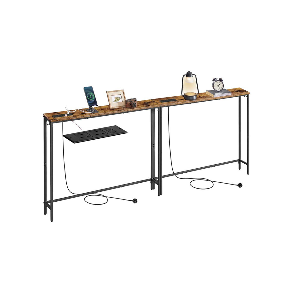 Slim Console Tables – Wood – Rustic Brown and Ink Black – Includes Charging Station and Hooks