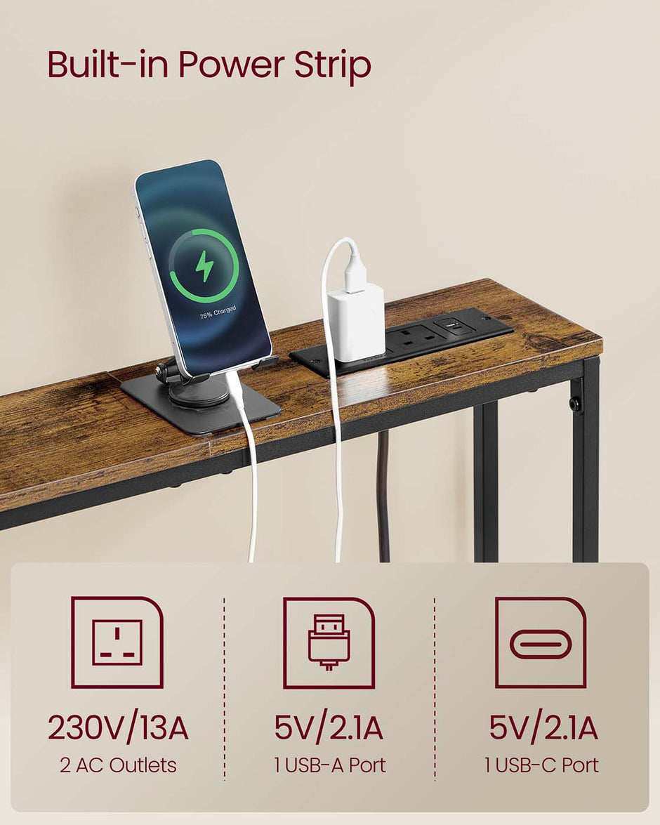 Slim Console Tables – Wood – Rustic Brown and Ink Black – Includes Charging Station and Hooks