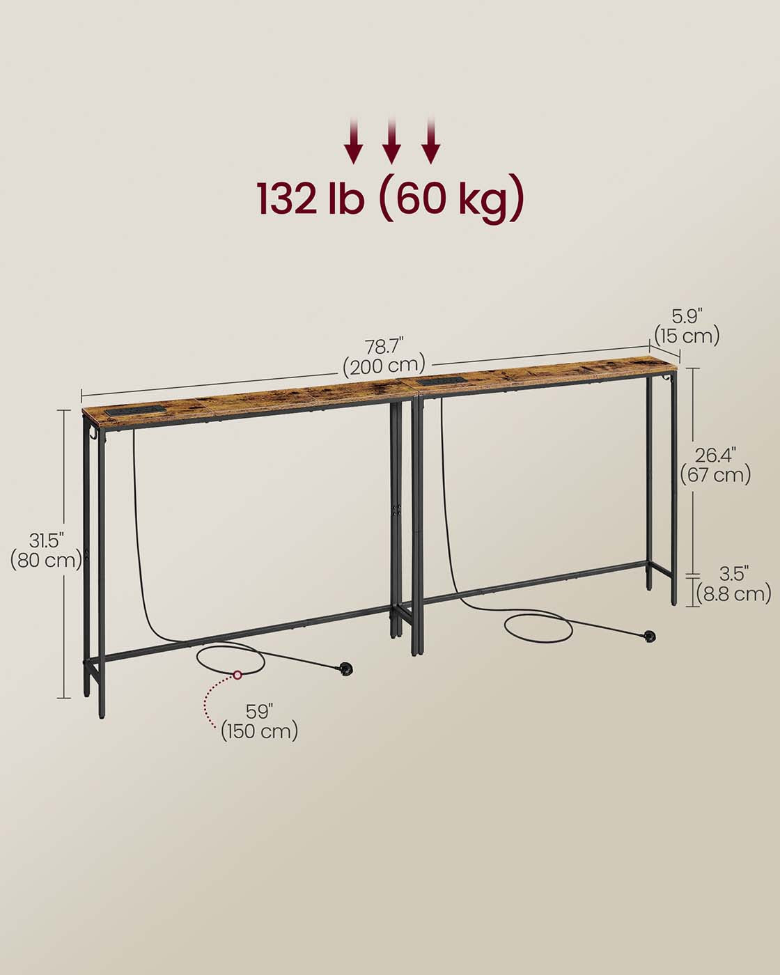 Slim Console Tables – Wood – Rustic Brown and Ink Black – Includes Charging Station and Hooks