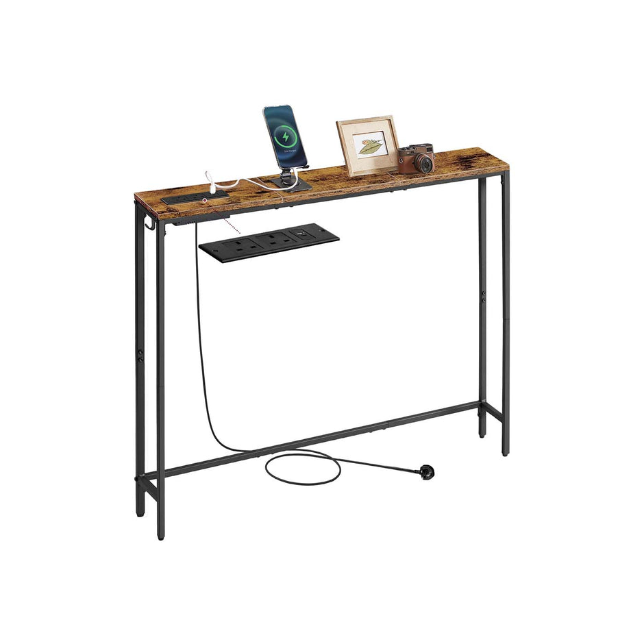 Slim Console Table – Wood – Rustic Brown and Ink Black – Charging Station and Easy Assembly