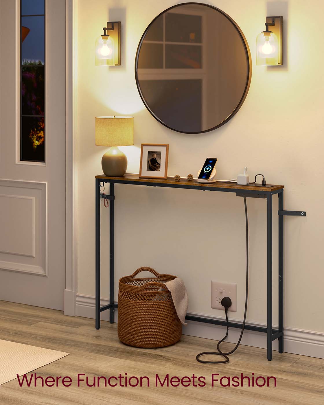 Slim Console Table – Wood – Rustic Brown and Ink Black – Charging Station and Easy Assembly