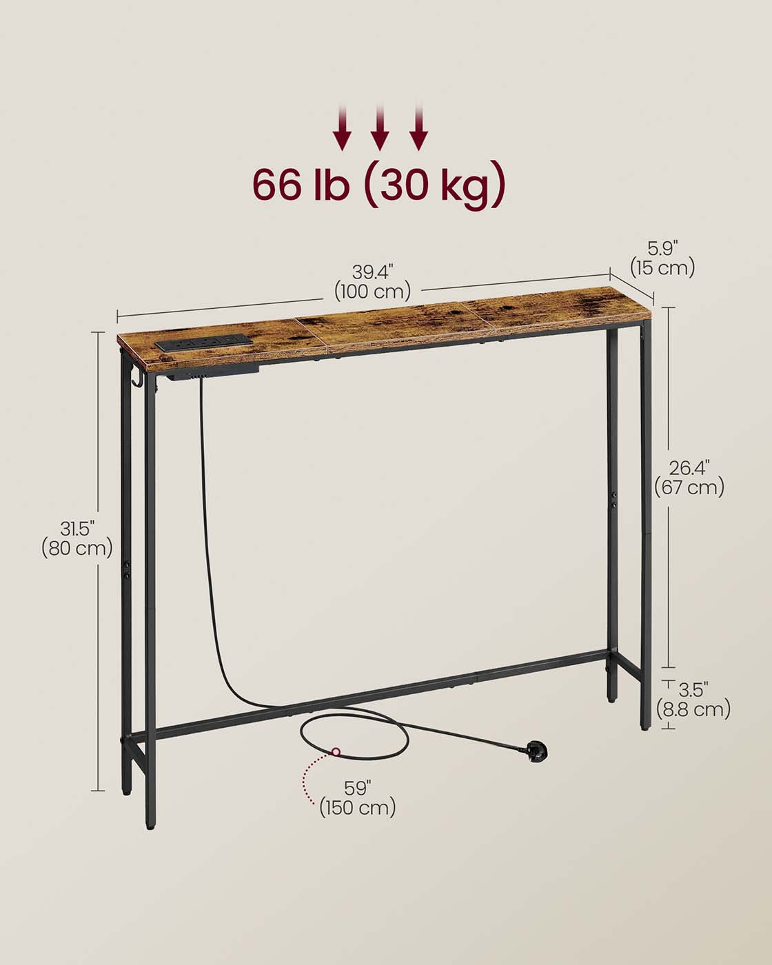 Slim Console Table – Wood – Rustic Brown and Ink Black – Charging Station and Easy Assembly