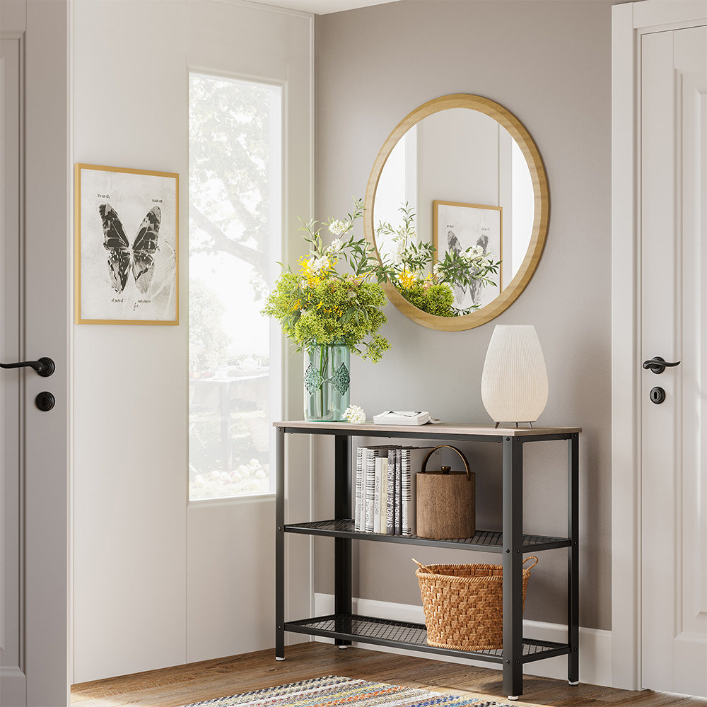 Industrial Console Table – Steel – Greige – Narrow Design with 2 Mesh Shelves