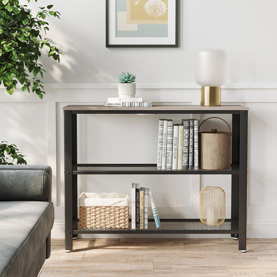Industrial Console Table – Steel – Greige – Narrow Design with 2 Mesh Shelves