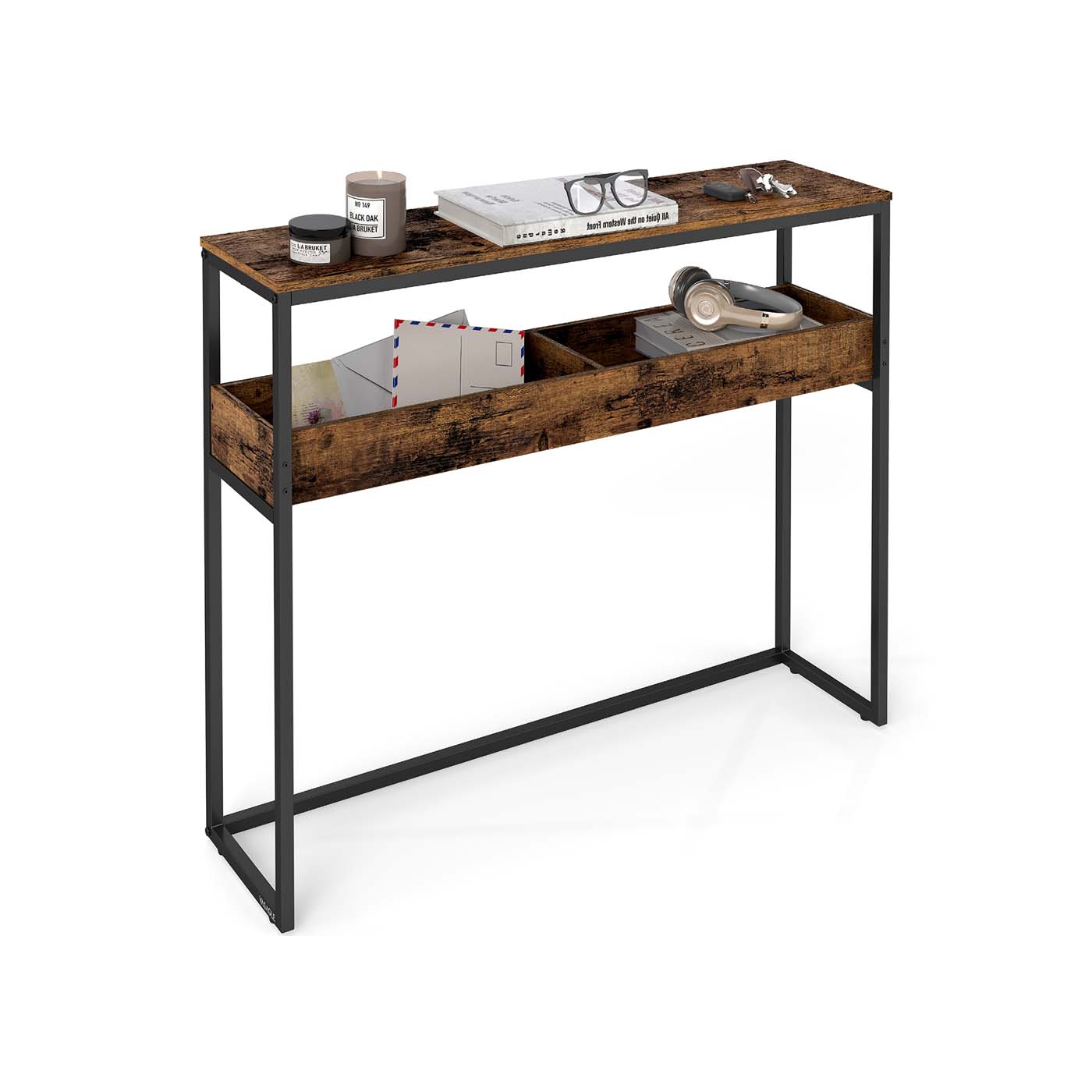 Console Table – Wood – Rustic Brown and Ink Black – 2-Tier Design with Semi-Open Compartments