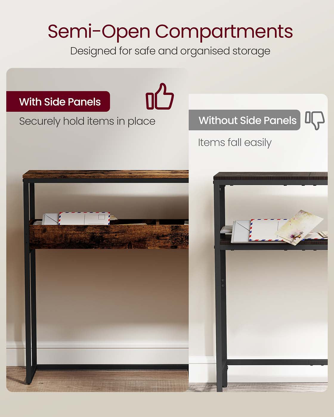 Console Table – Wood – Rustic Brown and Ink Black – 2-Tier Design with Semi-Open Compartments