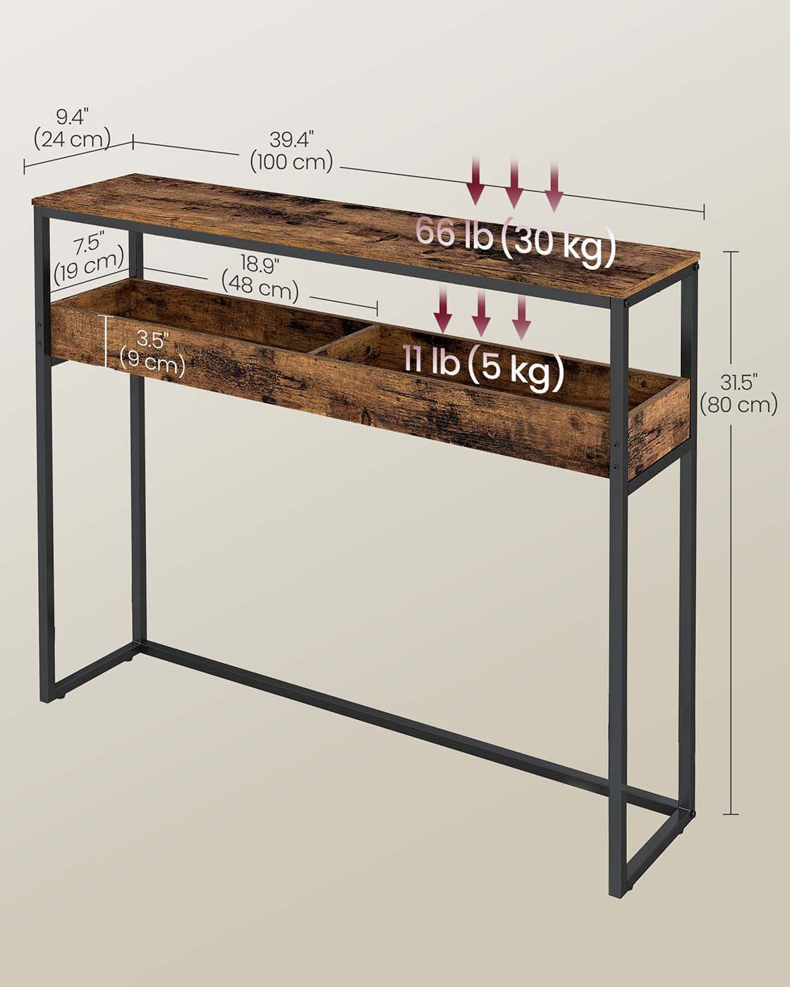 Console Table – Wood – Rustic Brown and Ink Black – 2-Tier Design with Semi-Open Compartments
