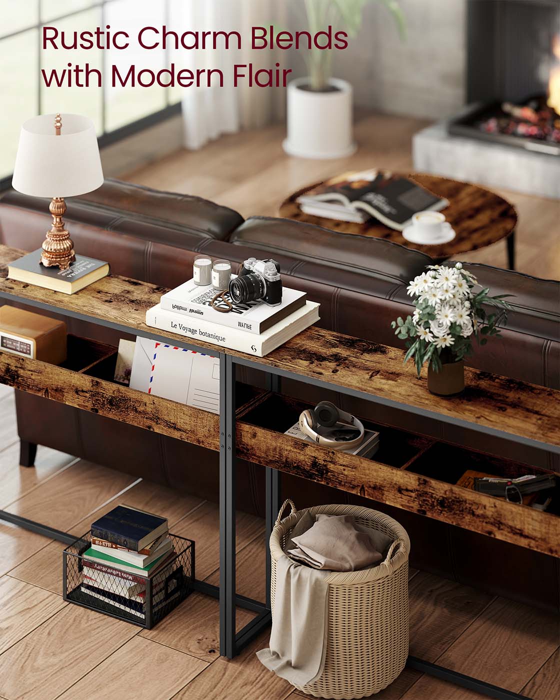 Console Table – Wood – Rustic Brown and Ink Black – 2-Tier Design with Semi-Open Compartments