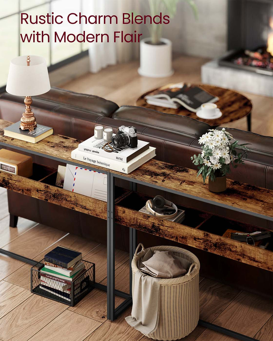 Console Table – Wood – Rustic Brown and Ink Black – 2-Tier Design with Semi-Open Compartments