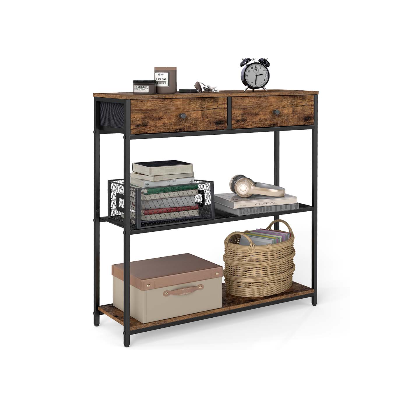 Console Table – Wood and Fabric – Rustic Brown and Ink Black – 2 Fabric Drawers, 3-Tier Design