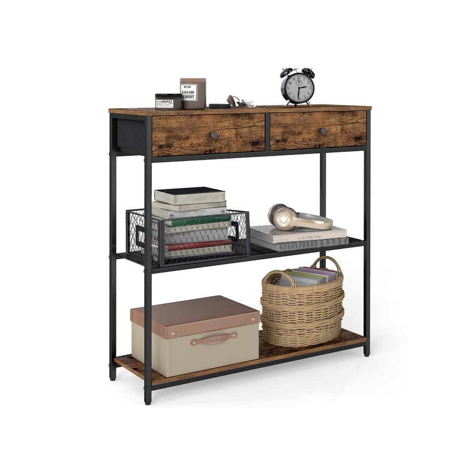 Console Table – Wood and Fabric – Rustic Brown and Ink Black – 2 Fabric Drawers, 3-Tier Design