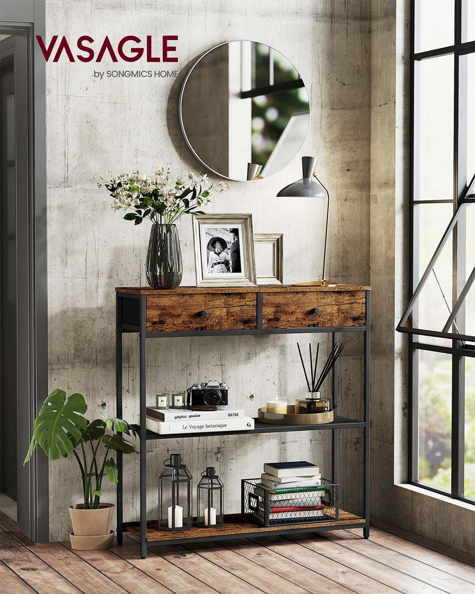 Console Table – Wood and Fabric – Rustic Brown and Ink Black – 2 Fabric Drawers, 3-Tier Design