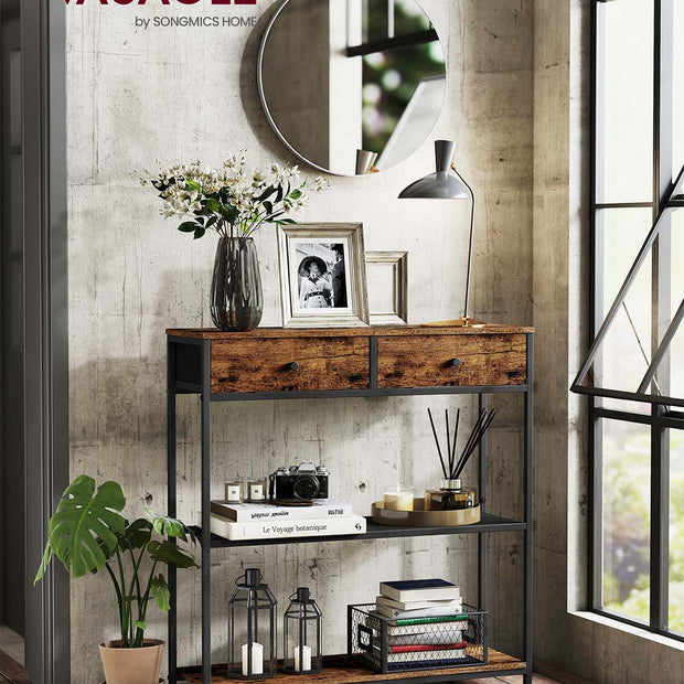 Console Table – Wood and Fabric – Rustic Brown and Ink Black – 2 Fabric Drawers, 3-Tier Design