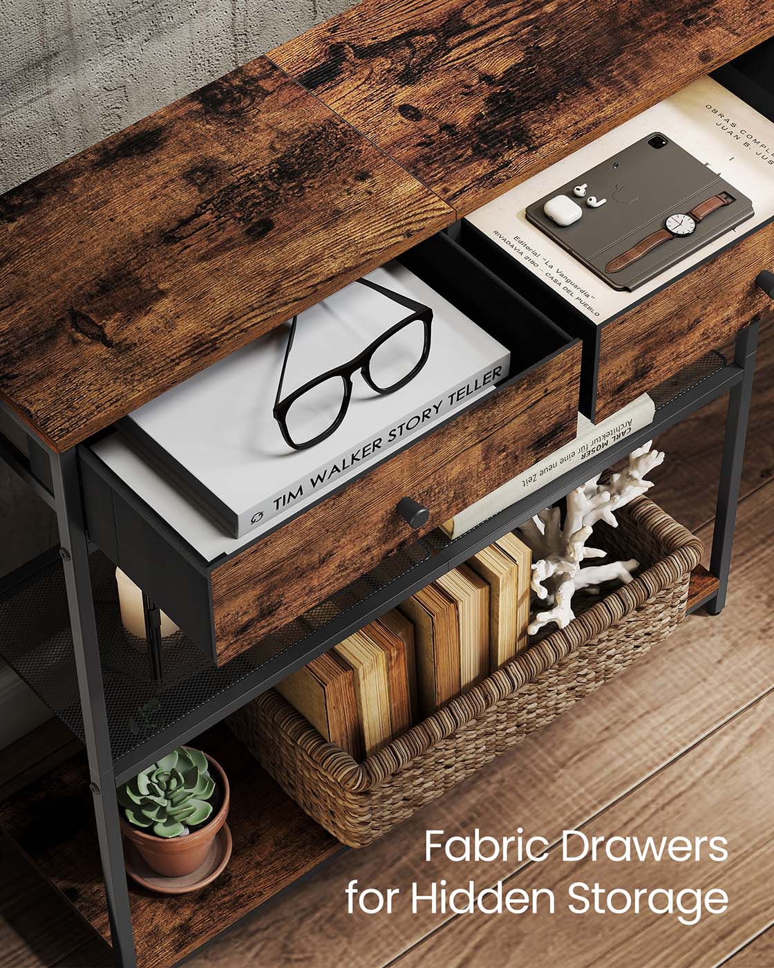 Console Table – Wood and Fabric – Rustic Brown and Ink Black – 2 Fabric Drawers, 3-Tier Design