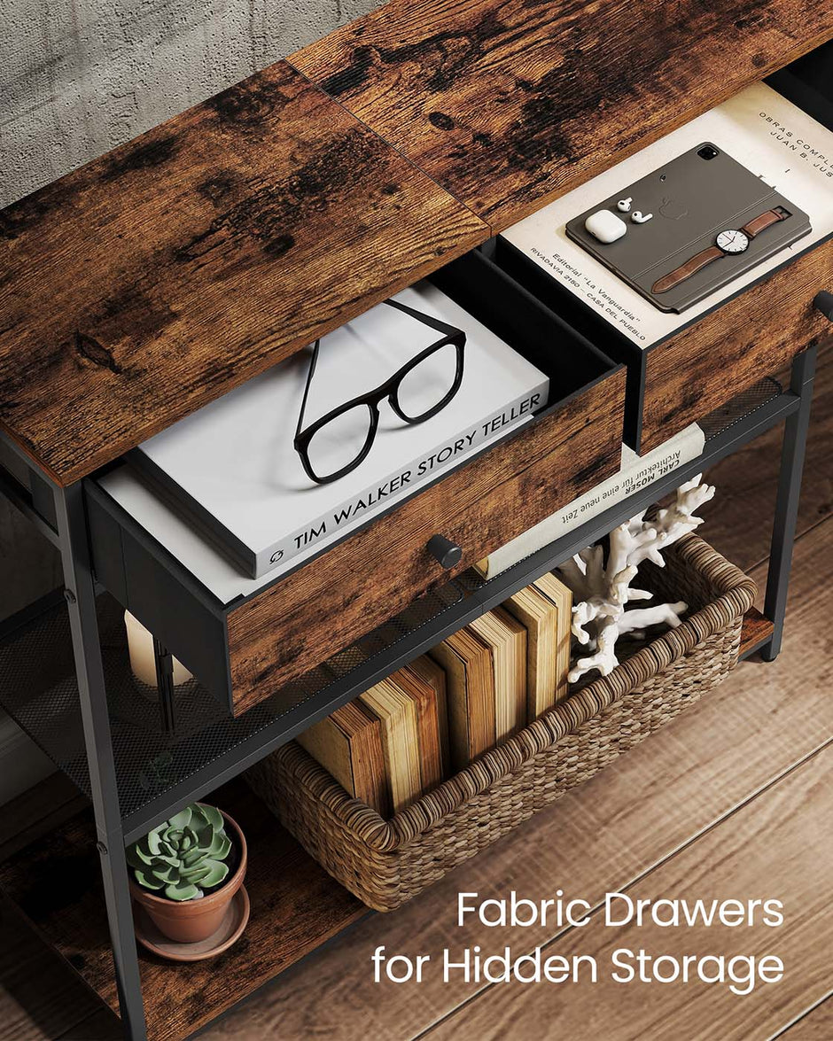 Console Table – Wood and Fabric – Rustic Brown and Ink Black – 2 Fabric Drawers, 3-Tier Design