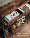 Console Table – Wood and Fabric – Rustic Brown and Ink Black – 2 Fabric Drawers, 3-Tier Design