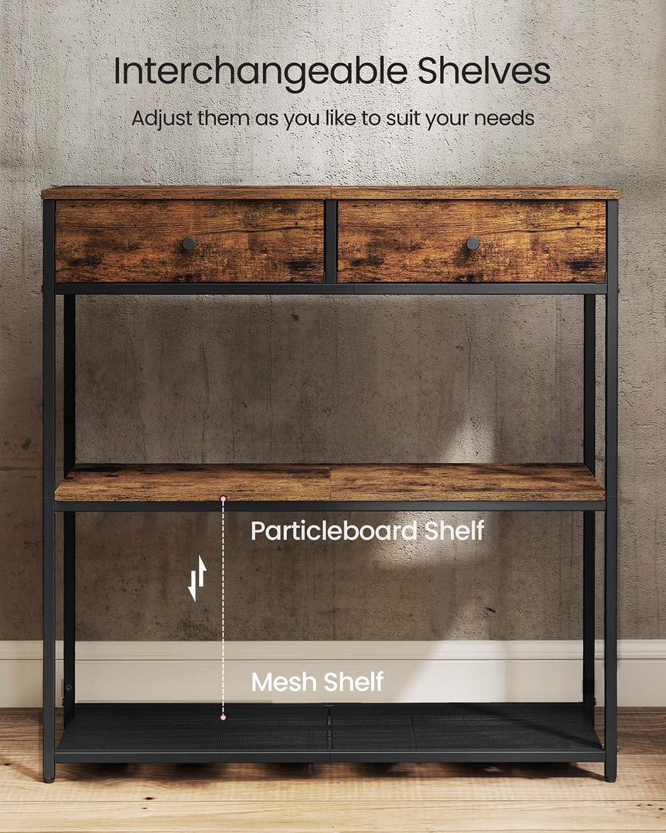 Console Table – Wood and Fabric – Rustic Brown and Ink Black – 2 Fabric Drawers, 3-Tier Design