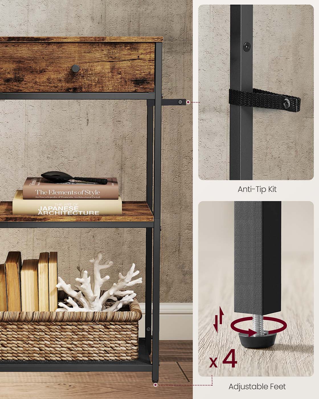 Console Table – Wood and Fabric – Rustic Brown and Ink Black – 2 Fabric Drawers, 3-Tier Design