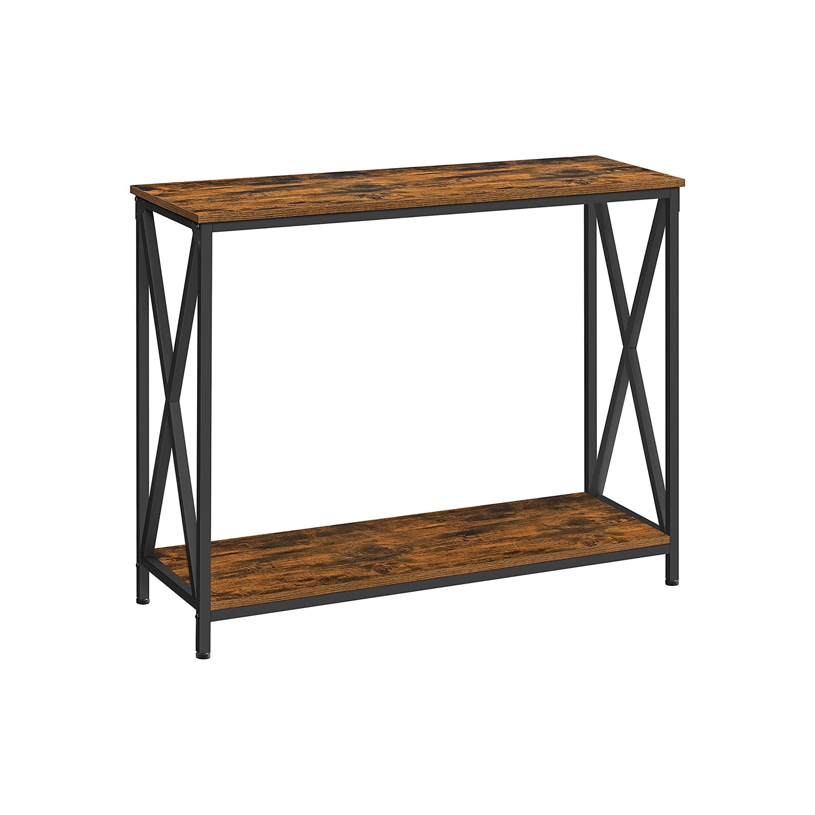 Industrial Console Table – Wood and Metal – Rustic Brown and Black – 2-Tier Design with X-Bars
