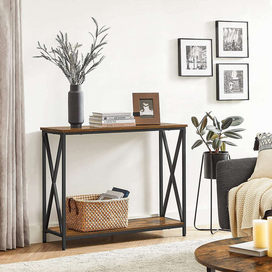 Industrial Console Table – Wood and Metal – Rustic Brown and Black – 2-Tier Design with X-Bars