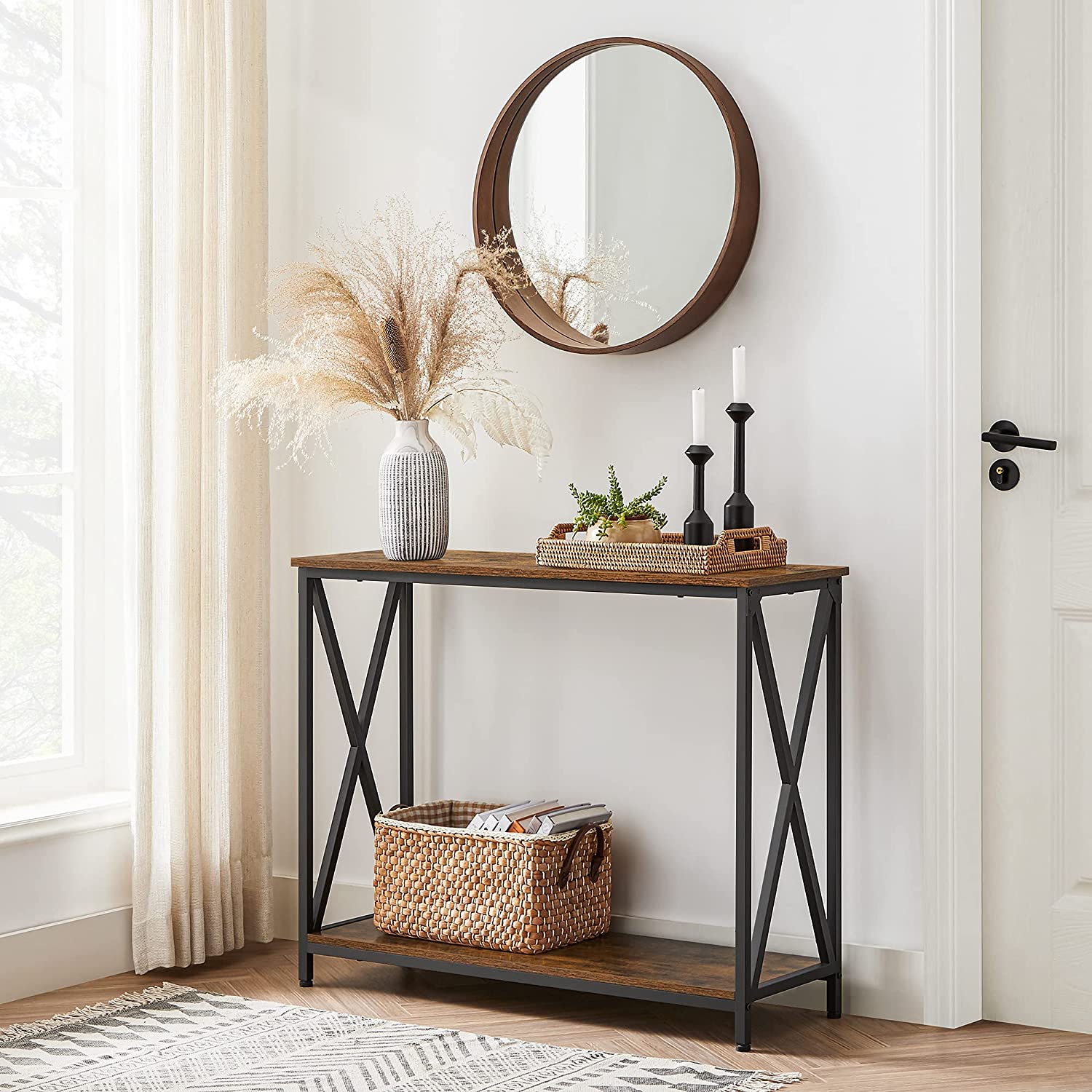 Industrial Console Table – Wood and Metal – Rustic Brown and Black – 2-Tier Design with X-Bars