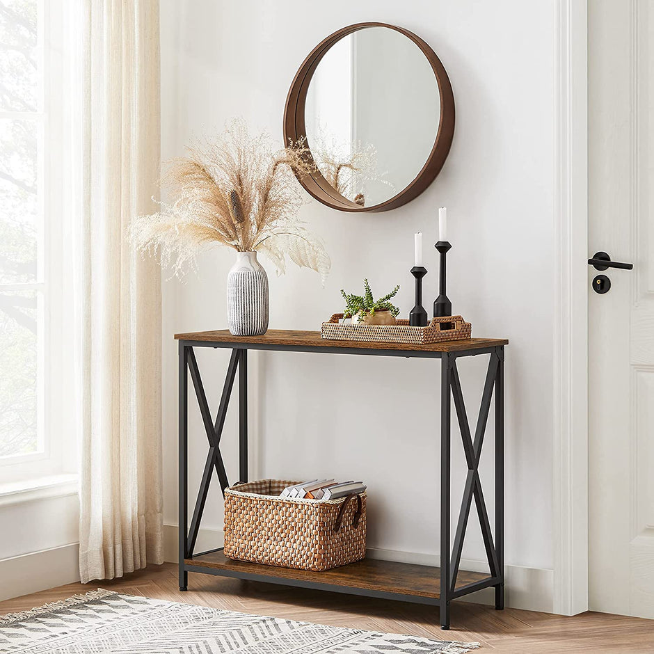 Industrial Console Table – Wood and Metal – Rustic Brown and Black – 2-Tier Design with X-Bars