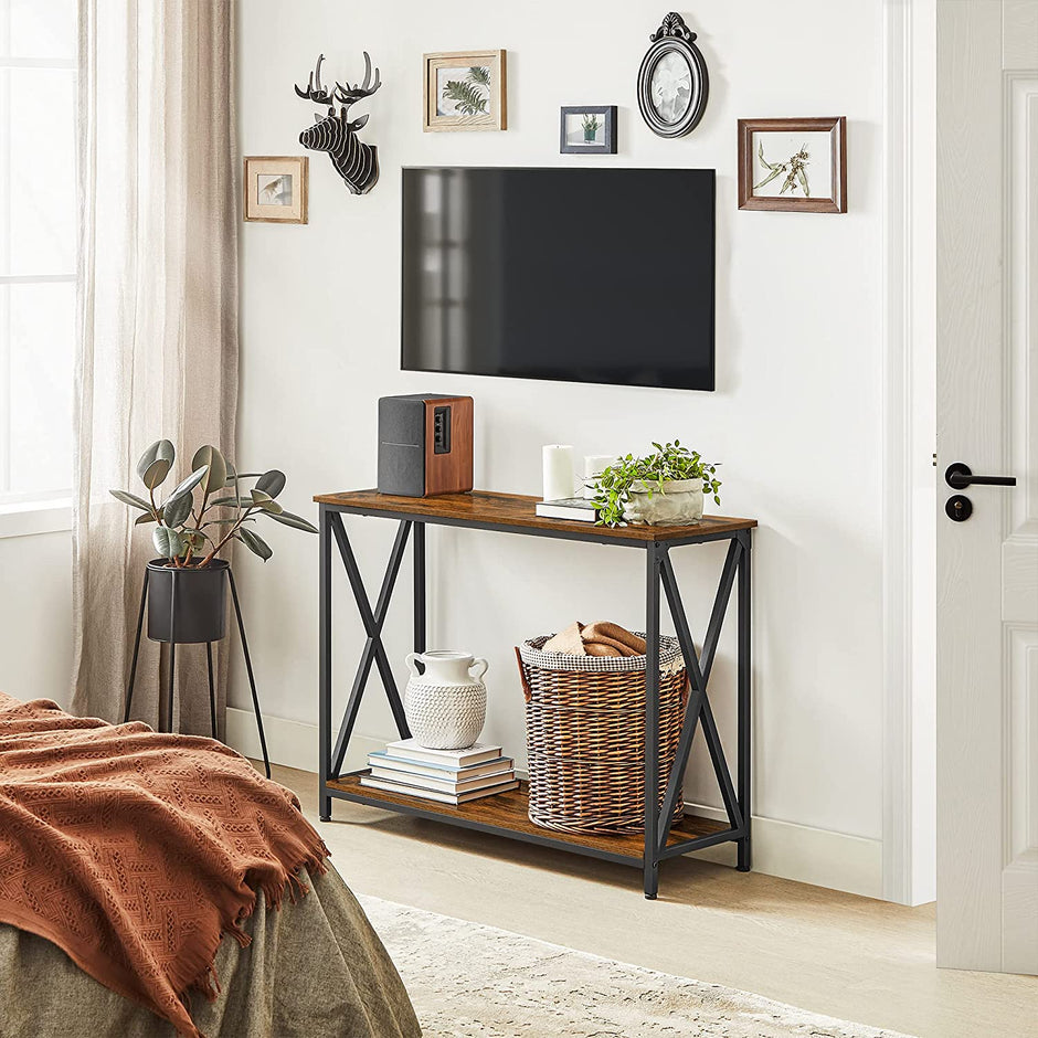 Industrial Console Table – Wood and Metal – Rustic Brown and Black – 2-Tier Design with X-Bars