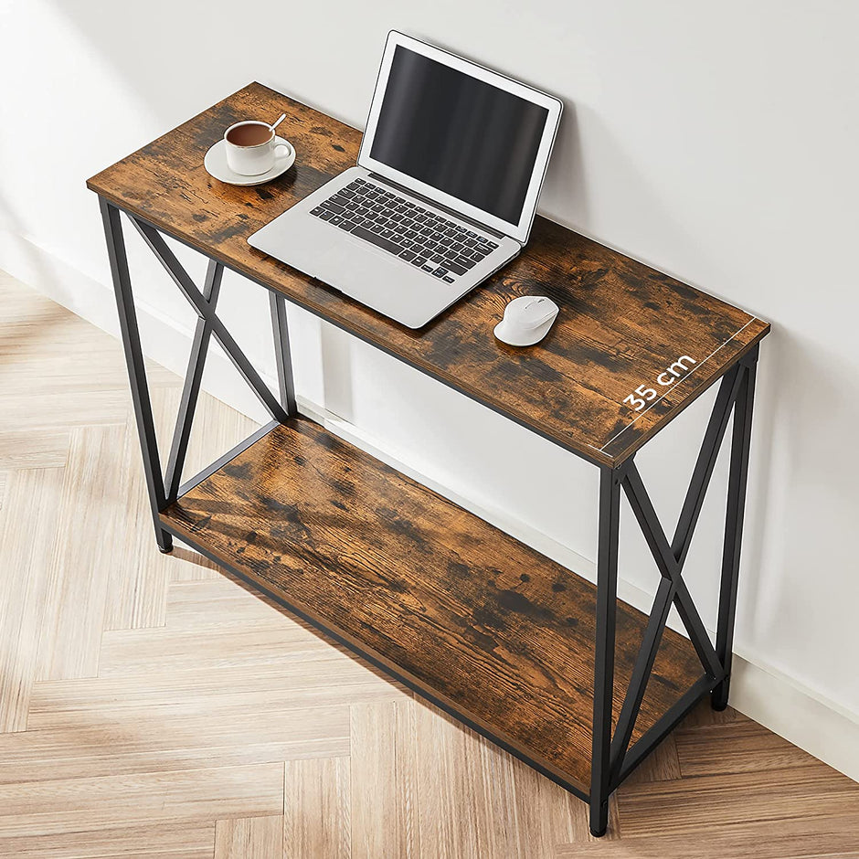 Industrial Console Table – Wood and Metal – Rustic Brown and Black – 2-Tier Design with X-Bars