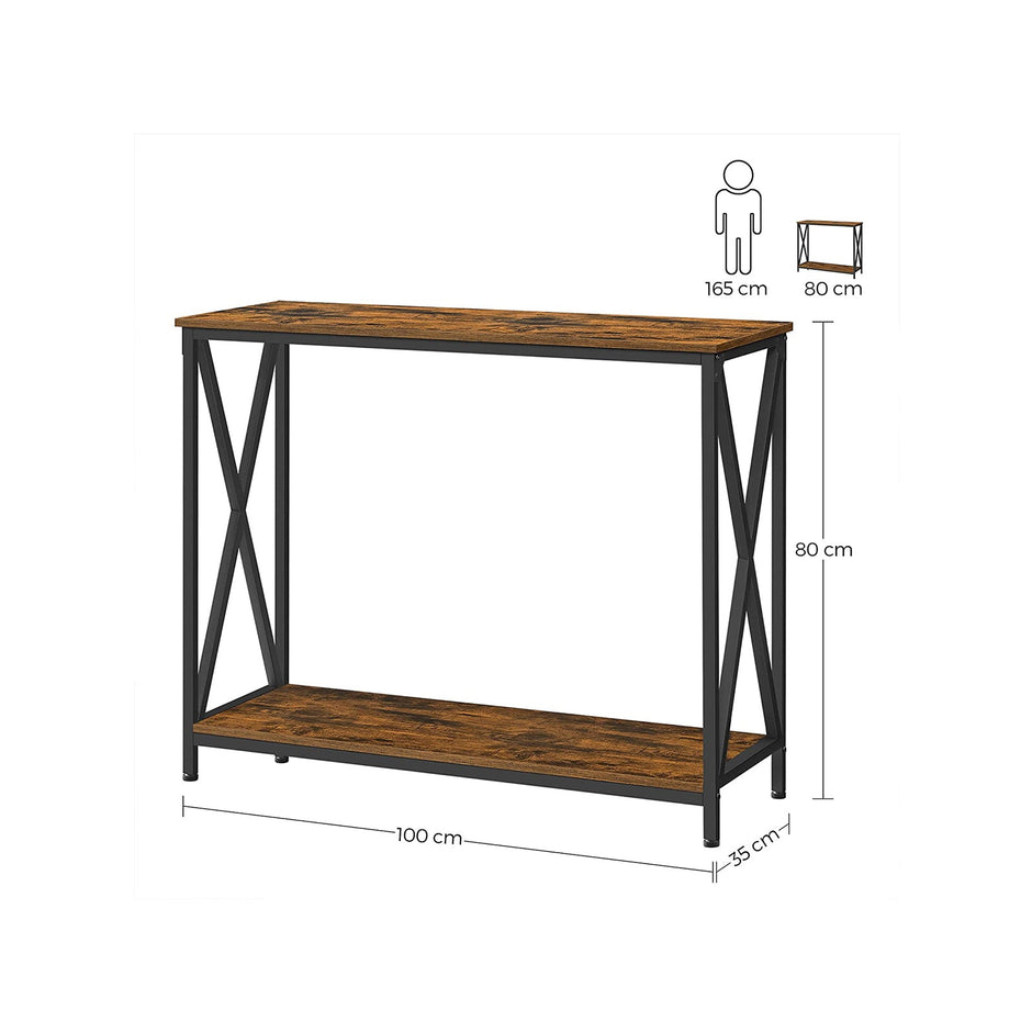 Industrial Console Table – Wood and Metal – Rustic Brown and Black – 2-Tier Design with X-Bars