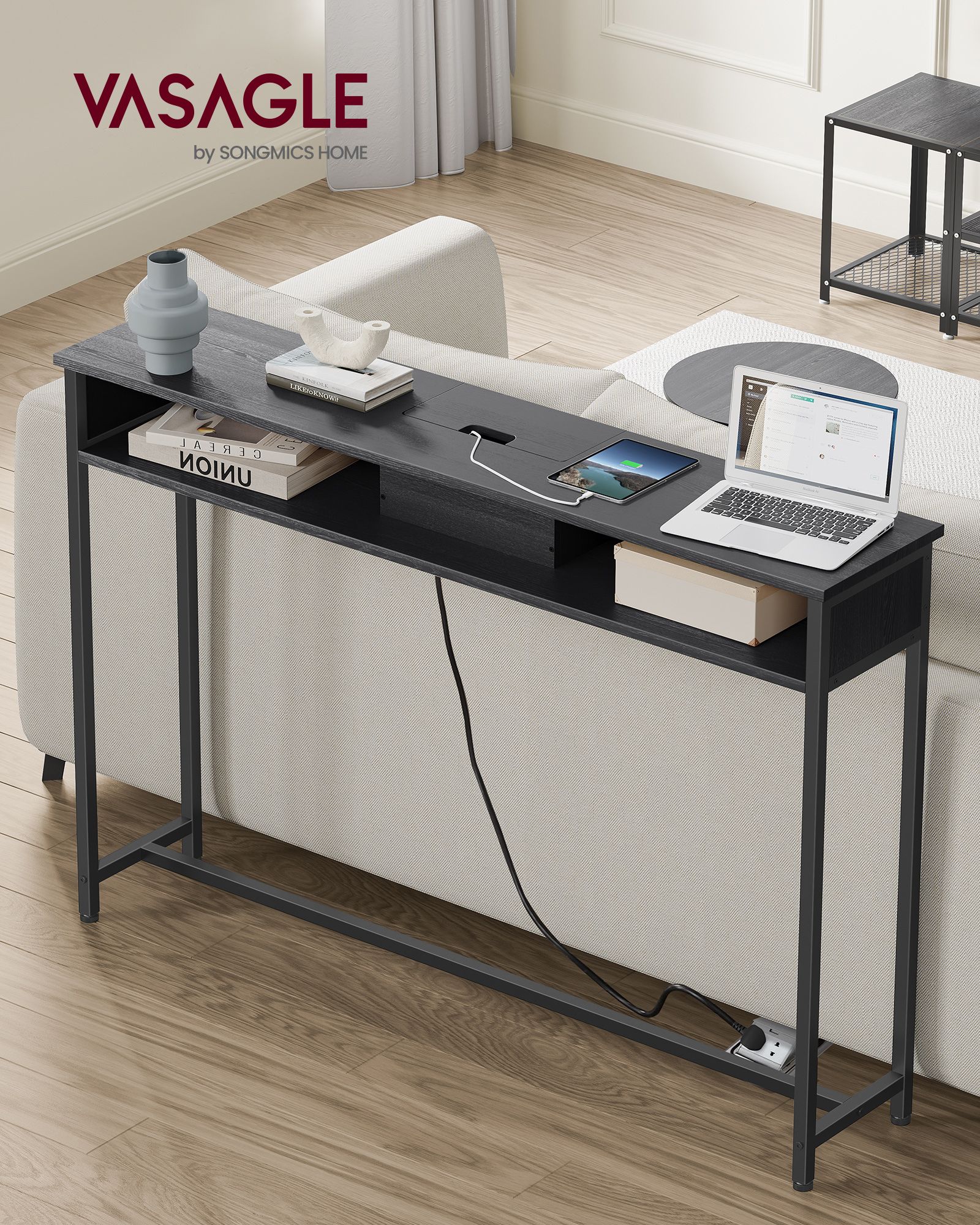 Slim Console Table – Wood – Charcoal Grey and Ink Black – Space-Saving with Charging Station