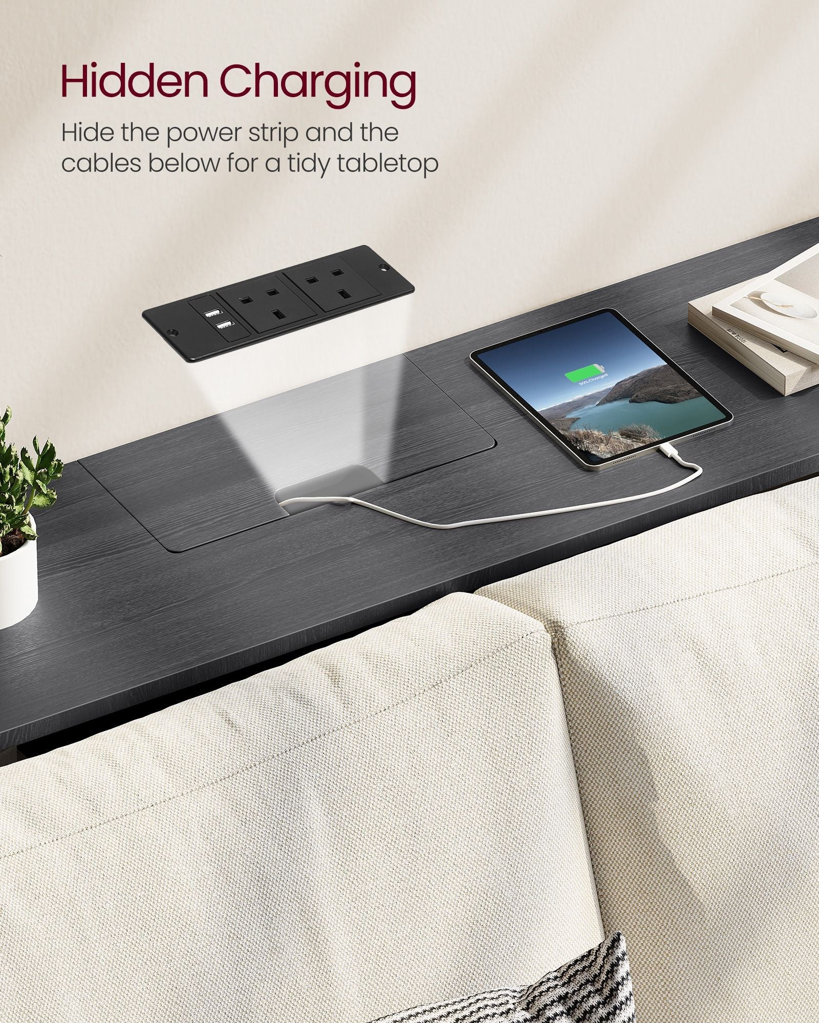 Slim Console Table – Wood – Charcoal Grey and Ink Black – Space-Saving with Charging Station