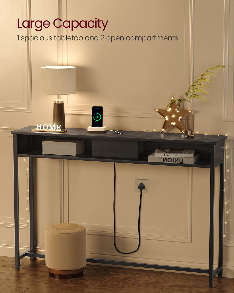 Slim Console Table – Wood – Charcoal Grey and Ink Black – Space-Saving with Charging Station