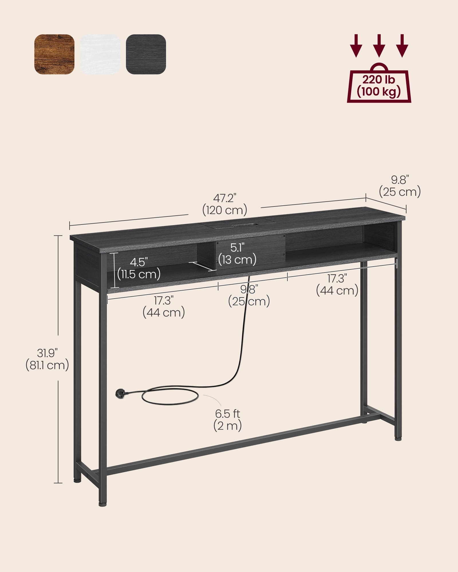 Slim Console Table – Wood – Charcoal Grey and Ink Black – Space-Saving with Charging Station