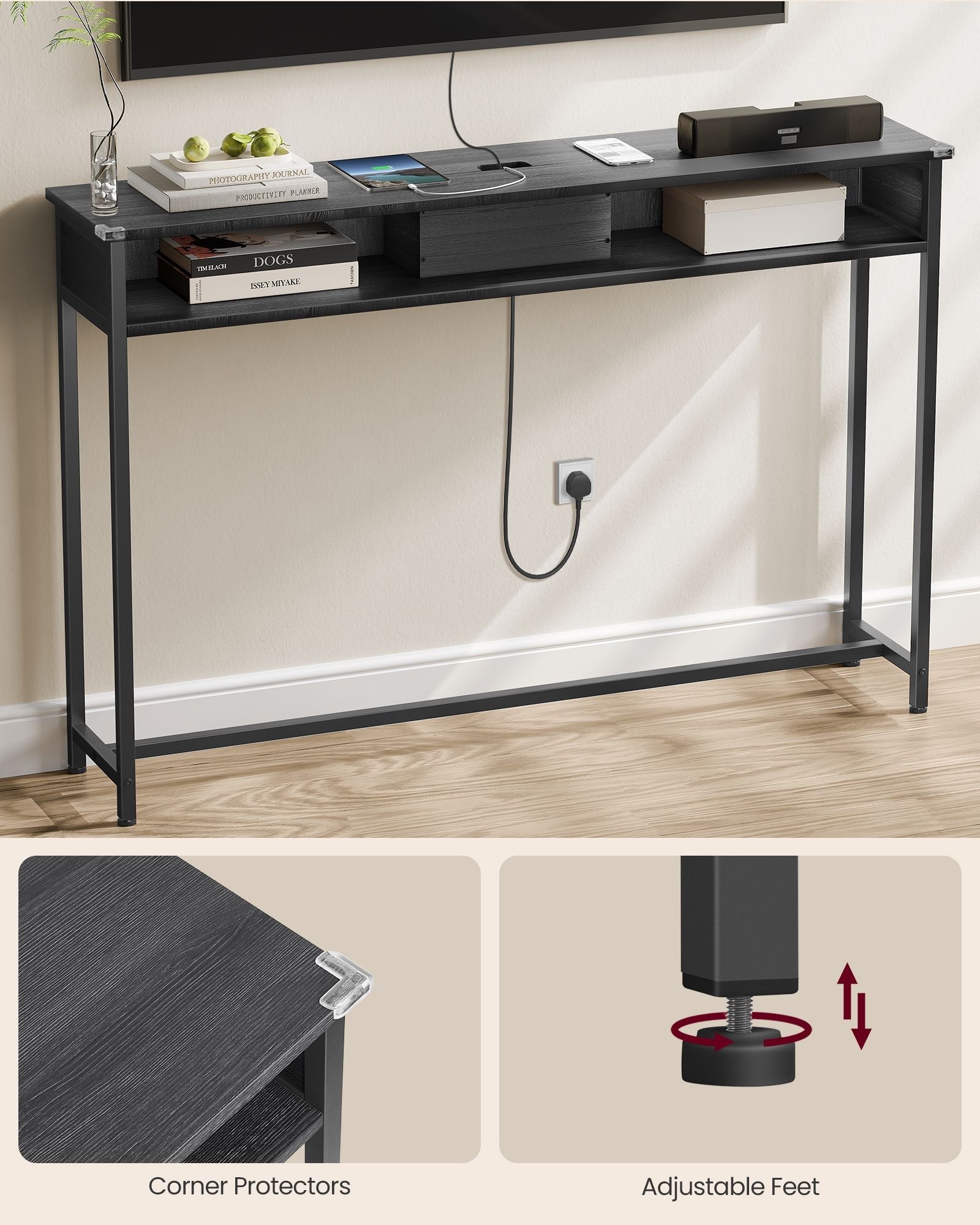 Slim Console Table – Wood – Charcoal Grey and Ink Black – Space-Saving with Charging Station