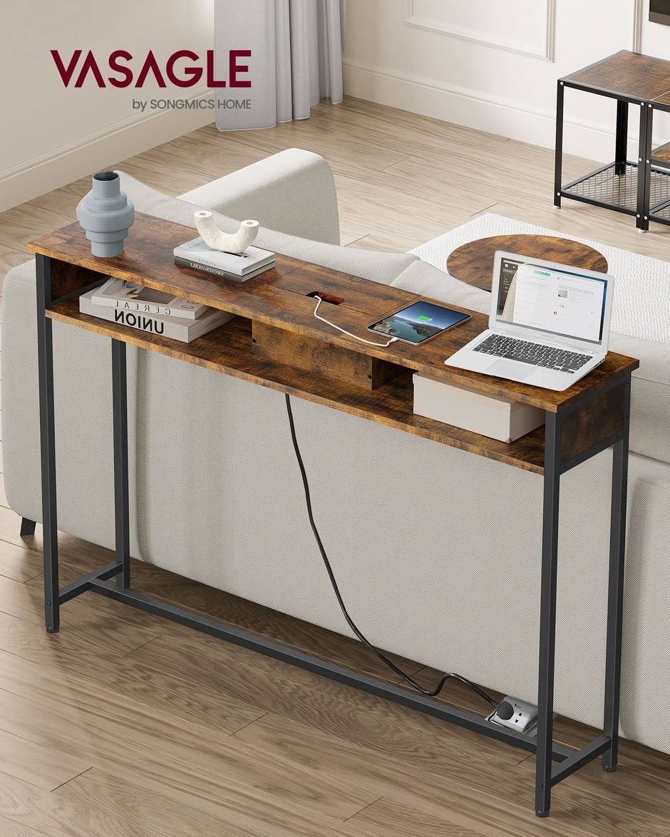 Slim Console Table – Wood – Rustic Brown and Ink Black – Space-Saving with Charging Station