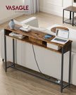 Slim Console Table – Wood – Rustic Brown and Ink Black – Space-Saving with Charging Station