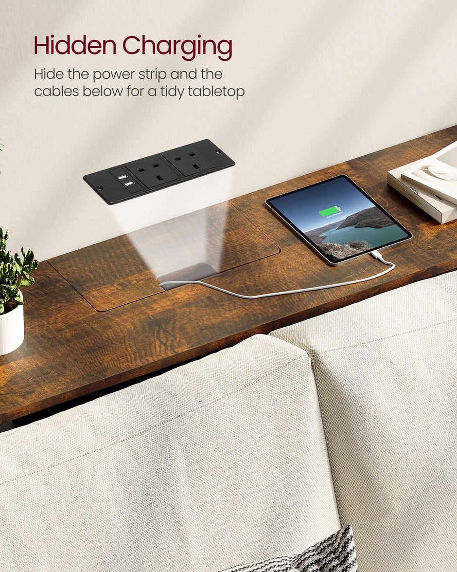Slim Console Table – Wood – Rustic Brown and Ink Black – Space-Saving with Charging Station