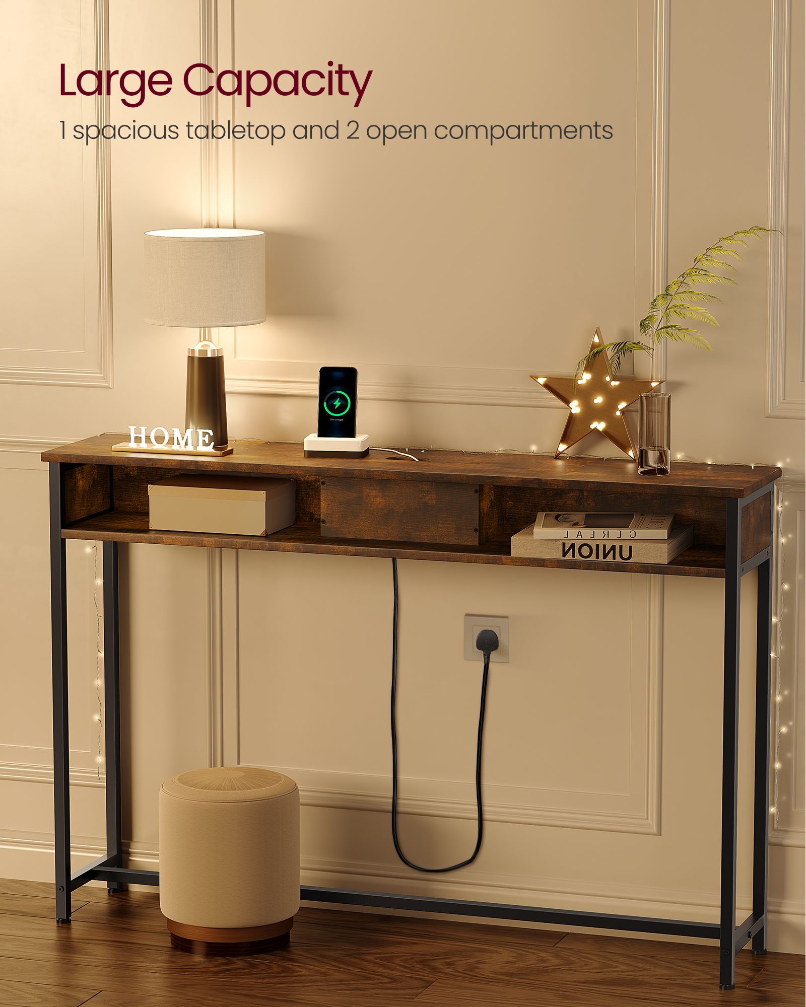 Slim Console Table – Wood – Rustic Brown and Ink Black – Space-Saving with Charging Station