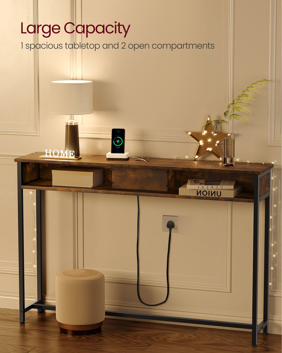 Slim Console Table – Wood – Rustic Brown and Ink Black – Space-Saving with Charging Station