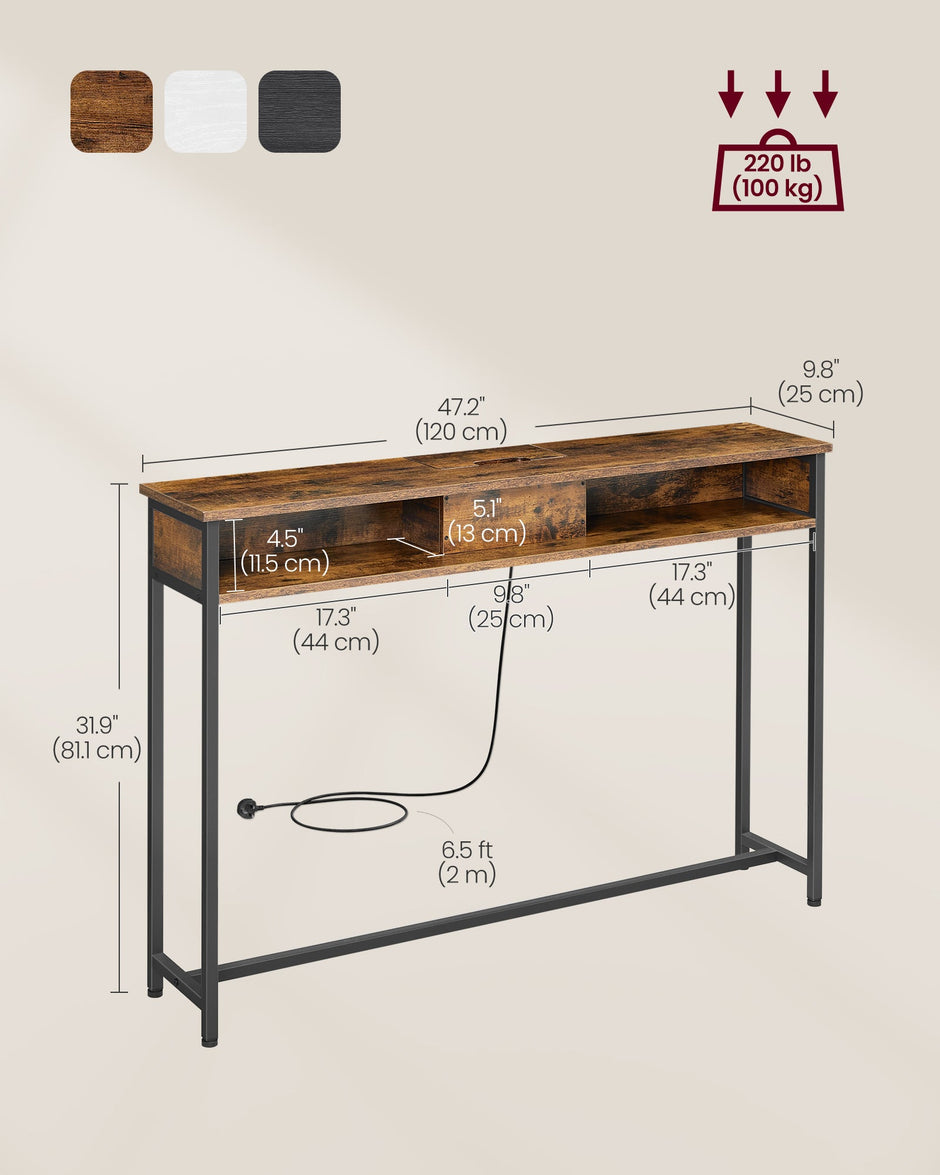 Slim Console Table – Wood – Rustic Brown and Ink Black – Space-Saving with Charging Station