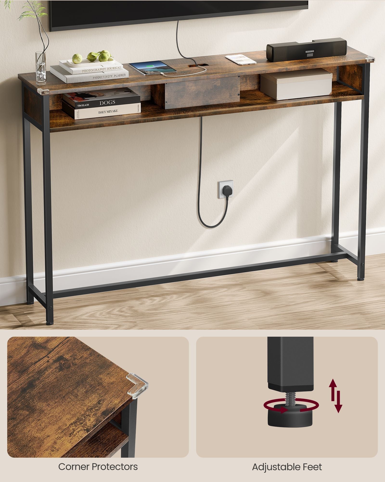 Slim Console Table – Wood – Rustic Brown and Ink Black – Space-Saving with Charging Station
