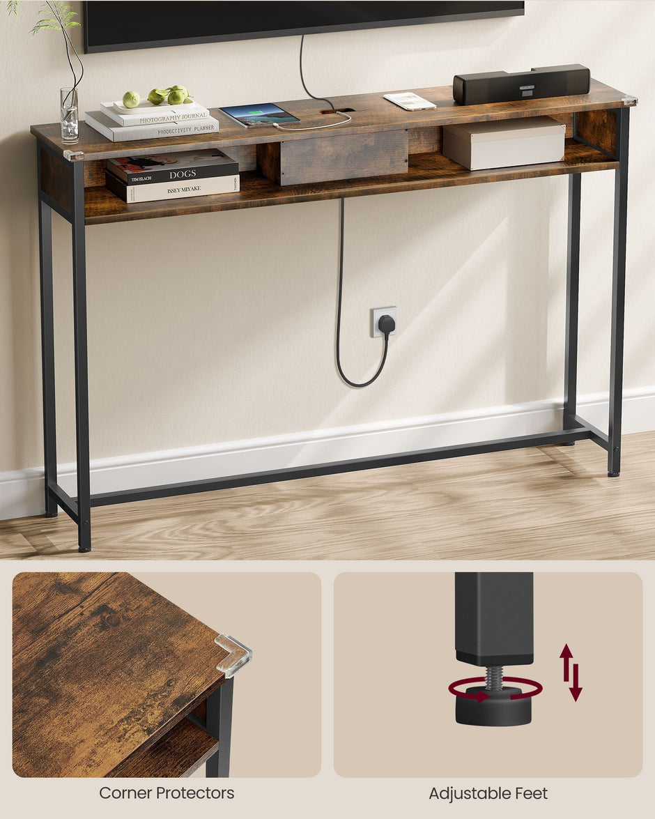 Slim Console Table – Wood – Rustic Brown and Ink Black – Space-Saving with Charging Station