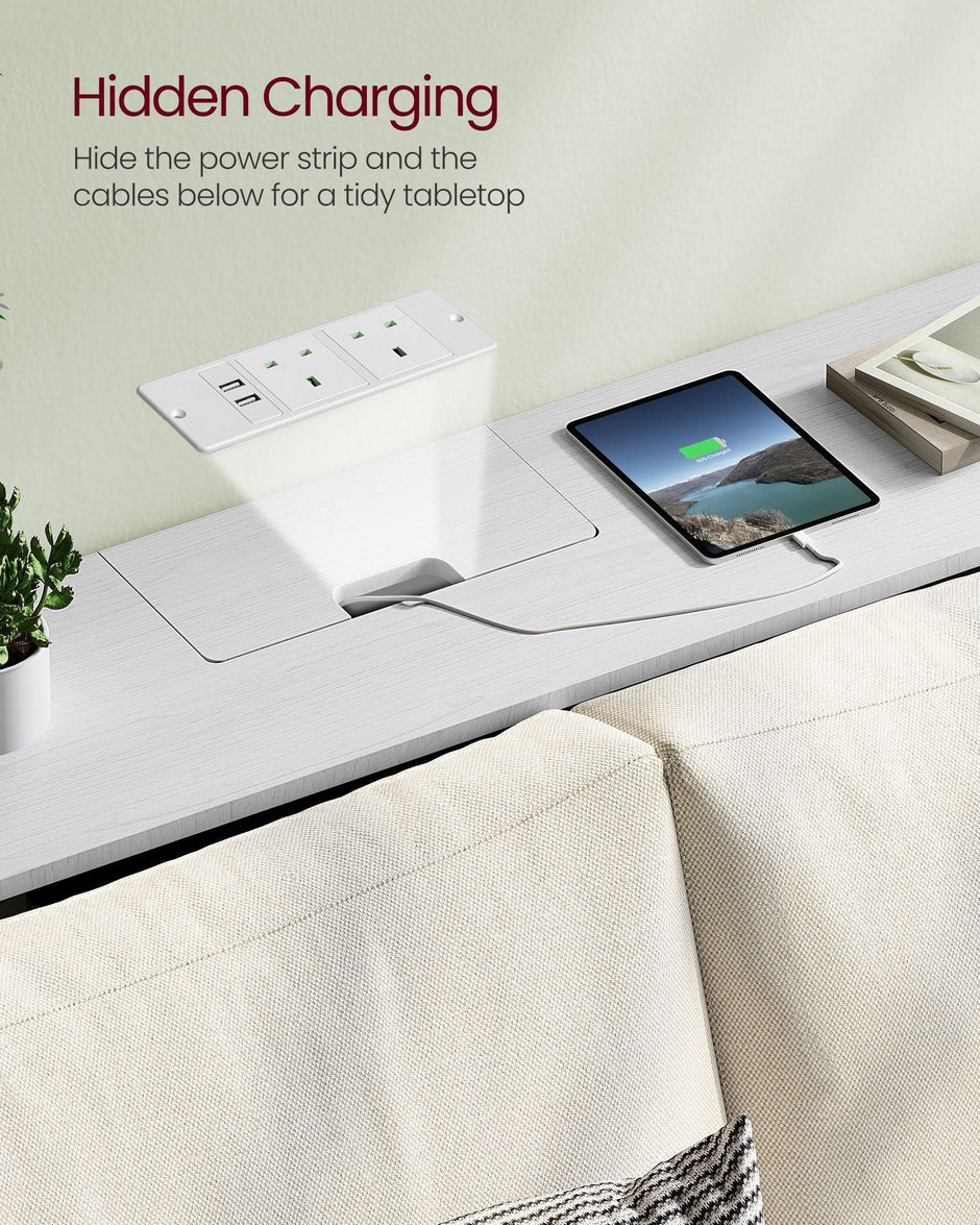Slim Console Table – Engineered Wood – Snow White – Space-Saving Design with Charging Station and Two Compartments