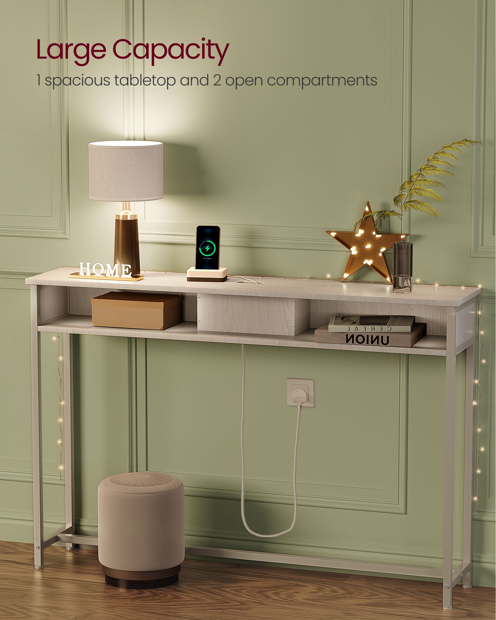 Slim Console Table – Engineered Wood – Snow White – Space-Saving Design with Charging Station and Two Compartments
