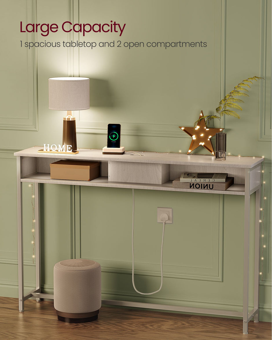 Slim Console Table – Engineered Wood – Snow White – Space-Saving Design with Charging Station and Two Compartments